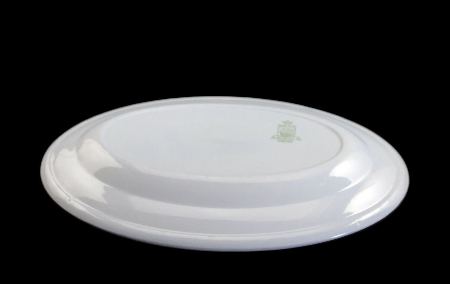A light blue oval ceramic plate shown from the bottom side, featuring a small green crest logo, set against a dark brown background.