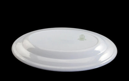A light blue oval ceramic plate shown from the bottom side, featuring a small green crest logo, set against a dark brown background.