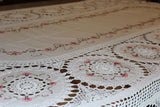 Vintage Hand Embroidered and Crochet Linen Tablecloth