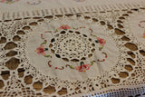 Vintage Hand Embroidered and Crochet Linen Tablecloth