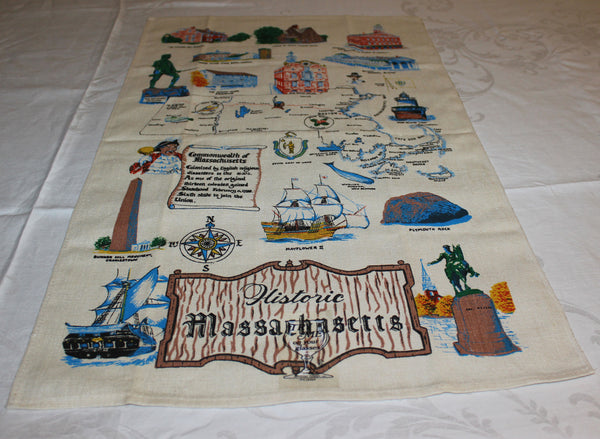 Souvenir Linen Tea Towel, Historic Massachusetts