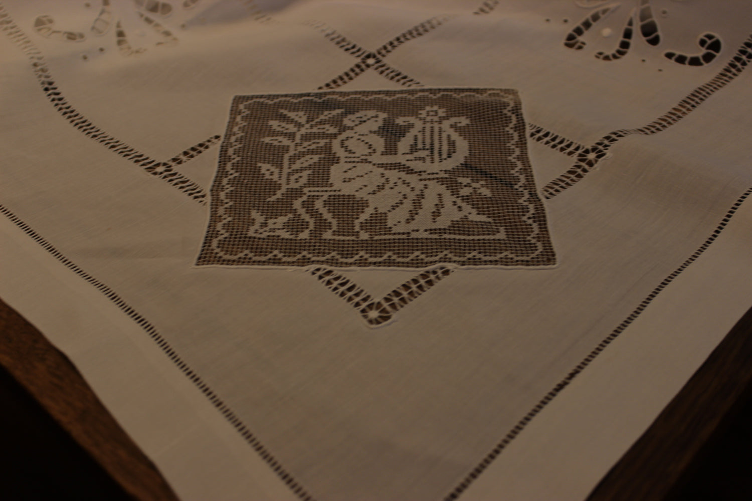 Ecru Linen and Fine Lace Tablecloth
