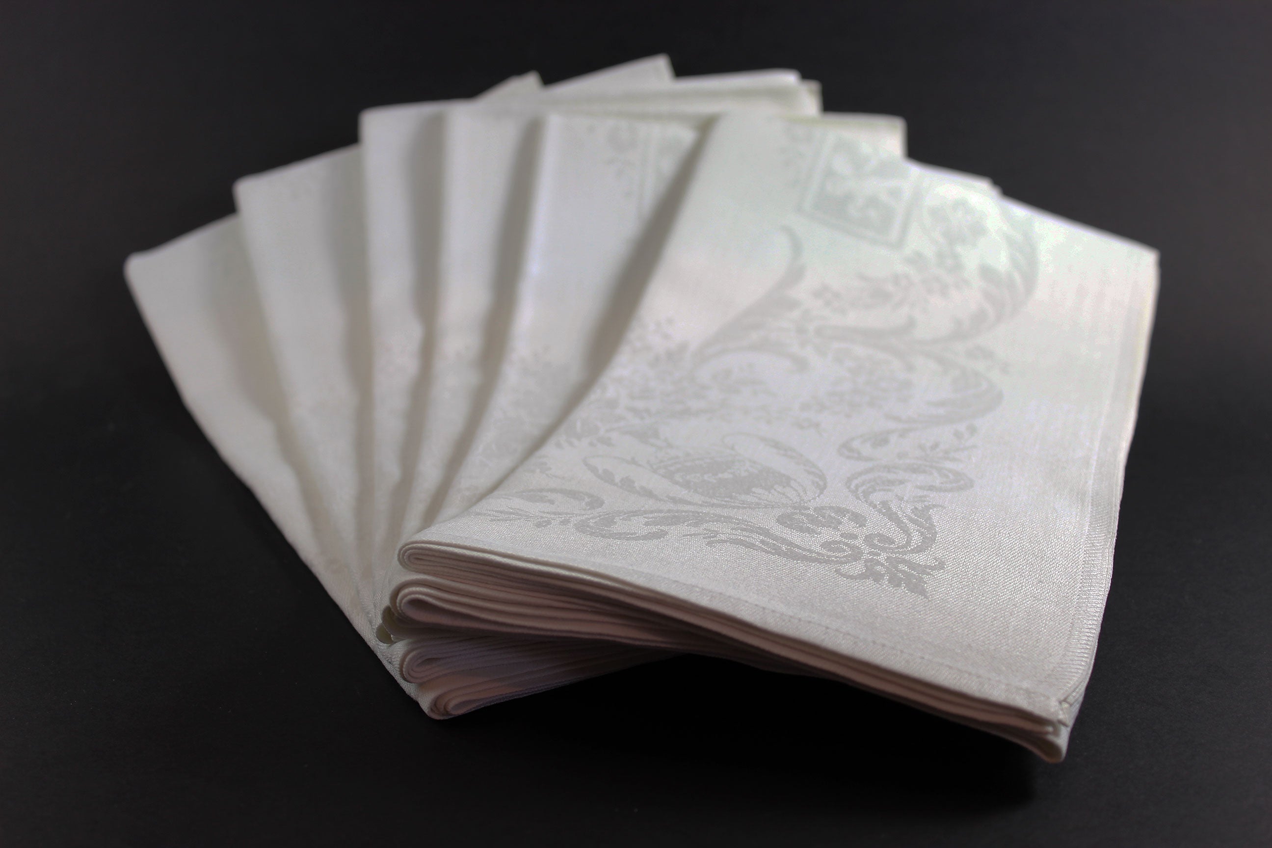 Irish Linen Double Damask Large Dinner Napkins, Floral and Swirls