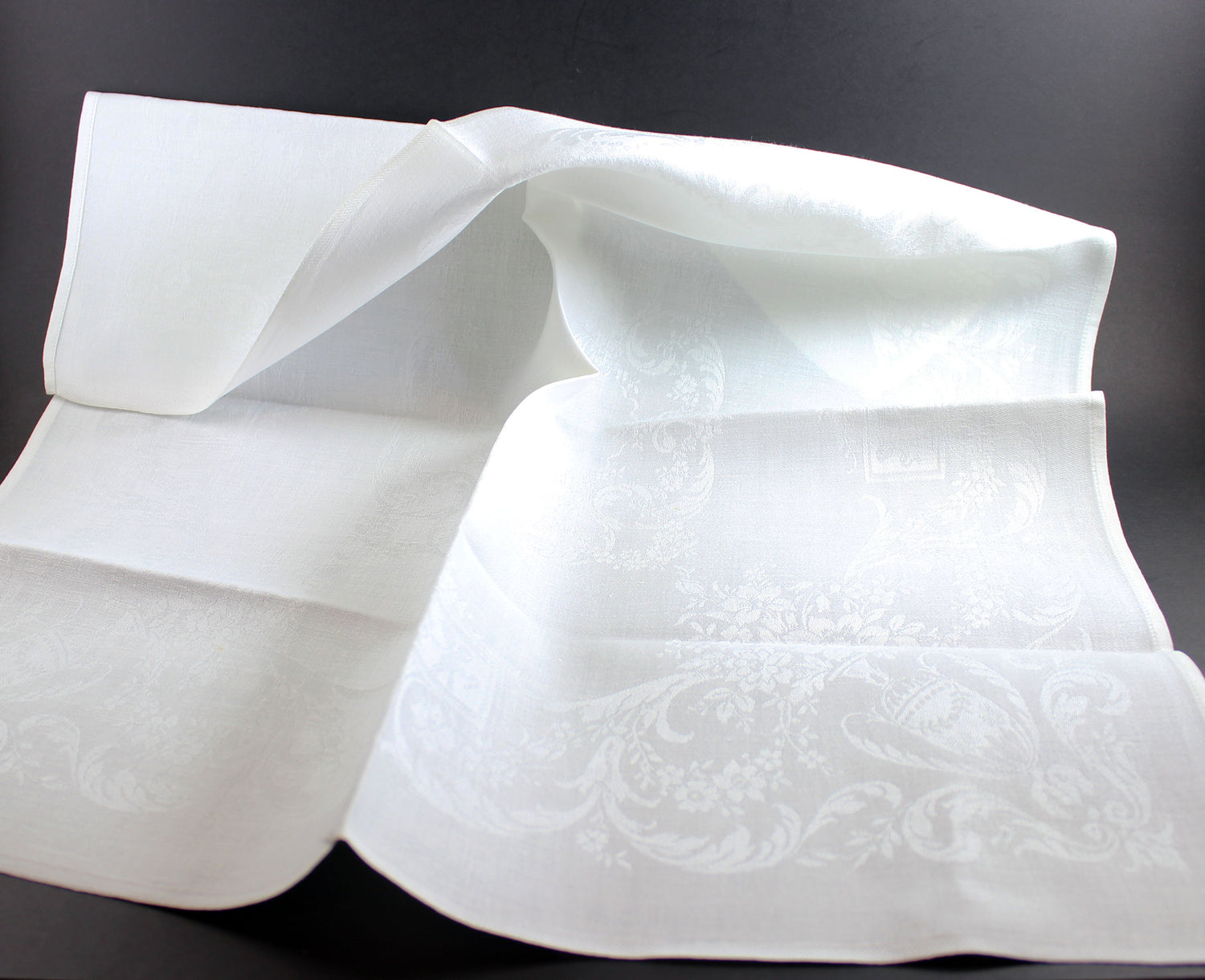 Irish Linen Double Damask Large Dinner Napkins, Floral and Swirls