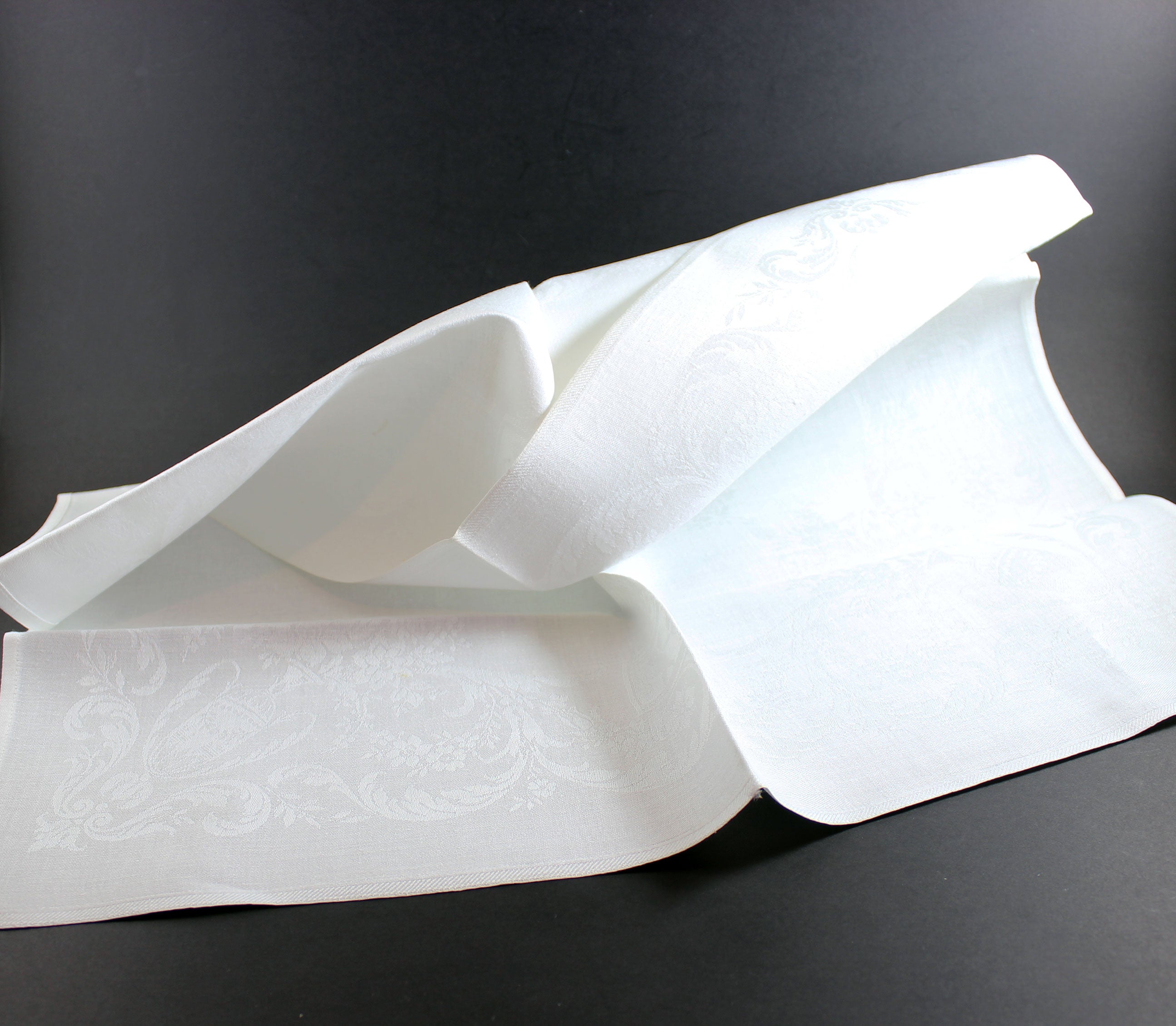 Irish Linen Double Damask Large Dinner Napkins, Floral and Swirls