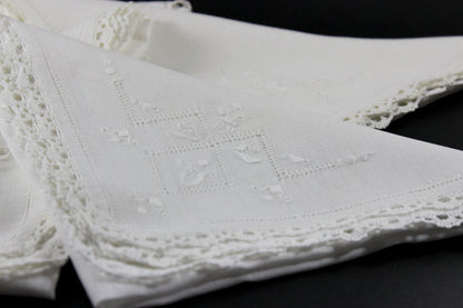 Linen Napkins, Lace Edged with Drawn Thread &amp; Whitework Embroidery