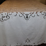 Large Vintage Cut Work & Embroidered Linen Tablecloth