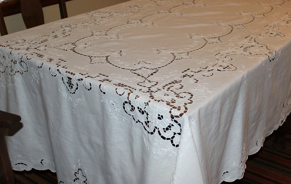 Large Vintage Cut Work & Embroidered Linen Tablecloth