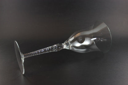Clear glass wine glass with intricate design on a dark background