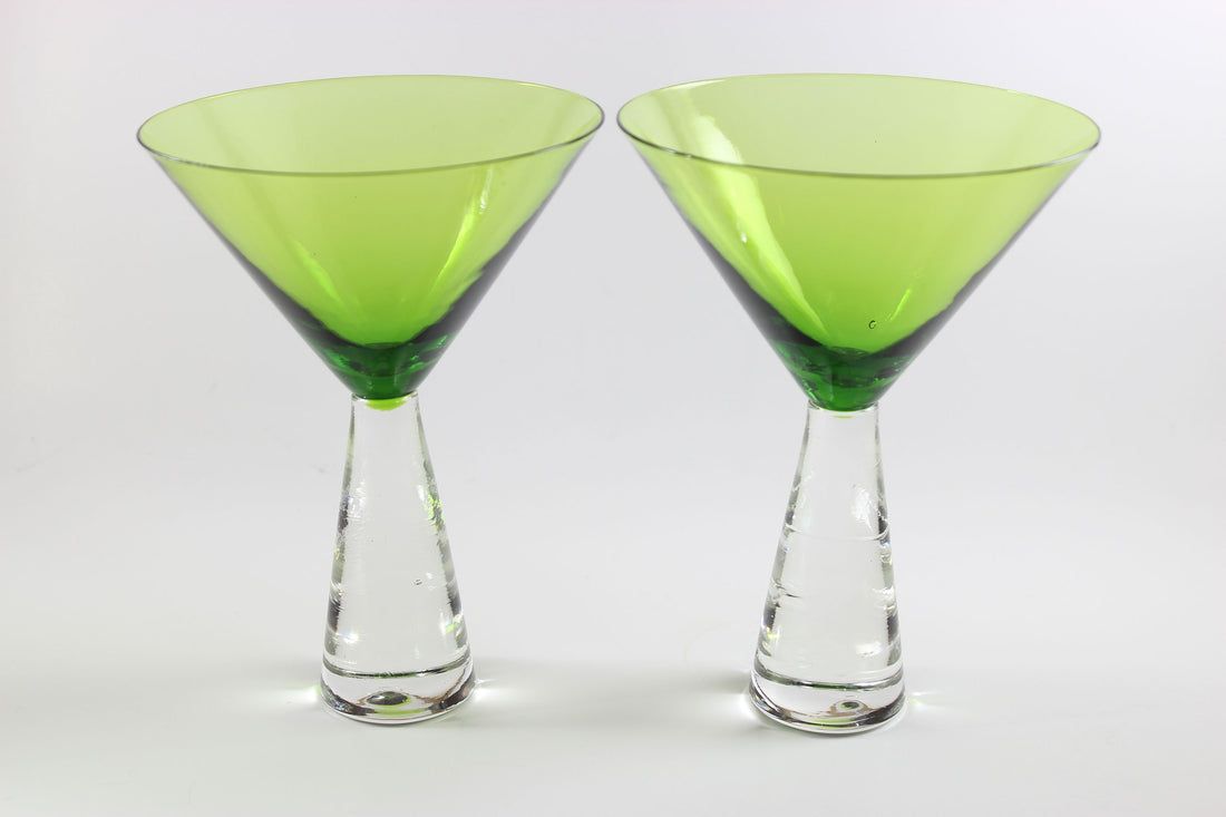 Large, Heavy Crystal, Martini Glasses, Green Bowl