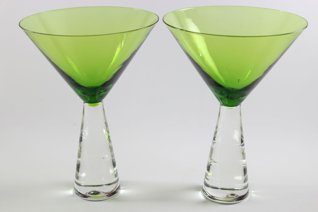 Large, Heavy Crystal, Martini Glasses, Green Bowl