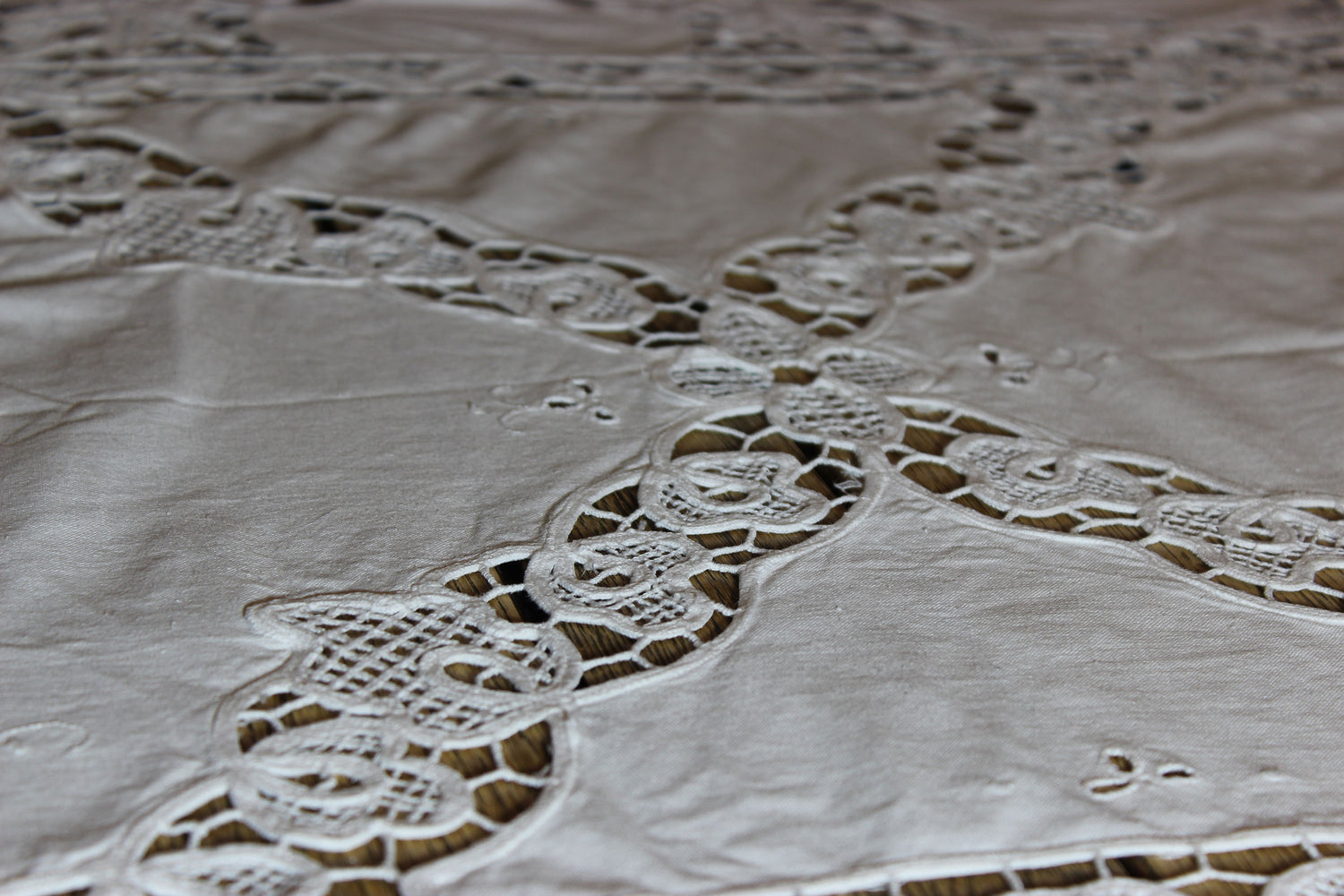 Hand Stitched Linen and Battenberg Lace Tablecloth