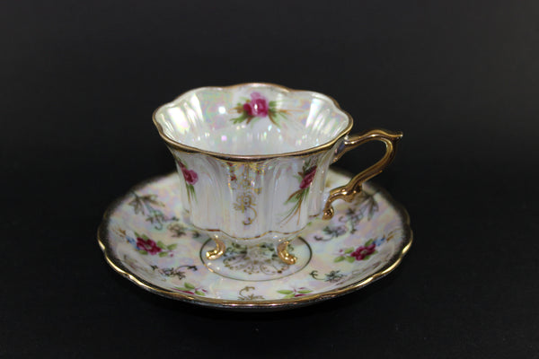 Tri-Footed Floral Lustreware, Teacup and Saucer, Made in Japan