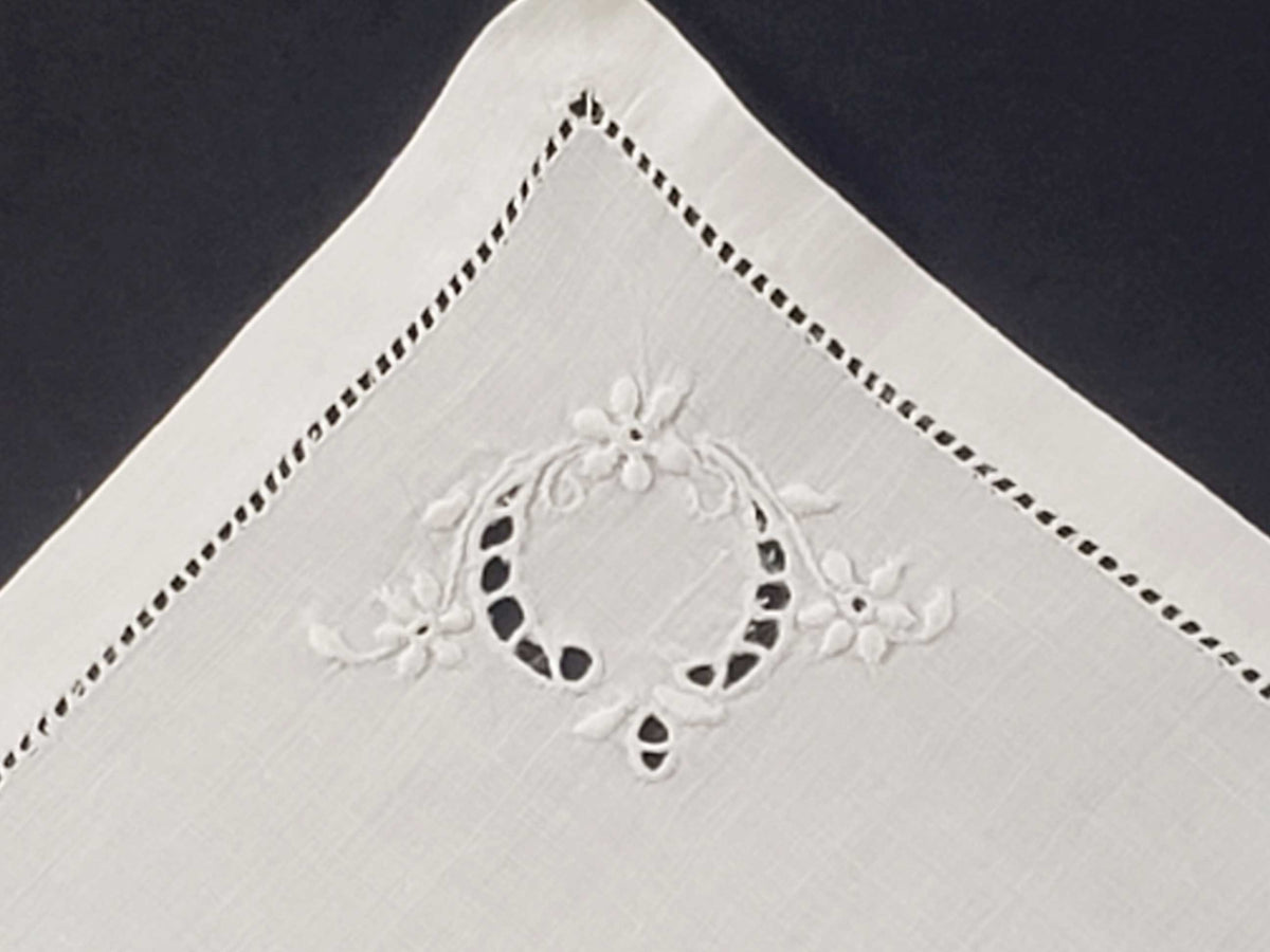 Embroidered Linen Ladder Hemmed Handkerchief