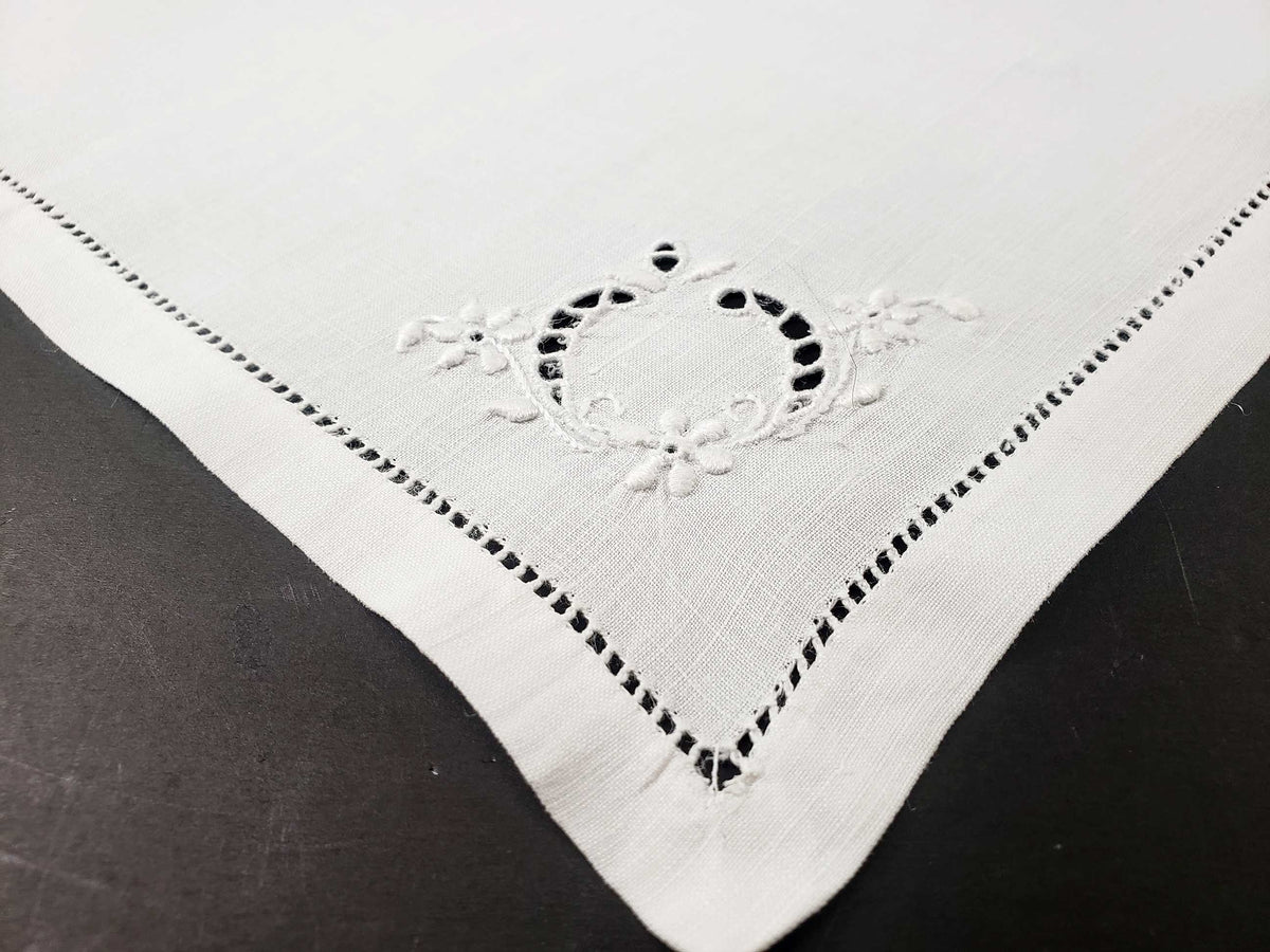 Embroidered Linen Ladder Hemmed Handkerchief