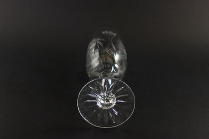 Two crystal champagne flutes with cut pinwheel design on a black background