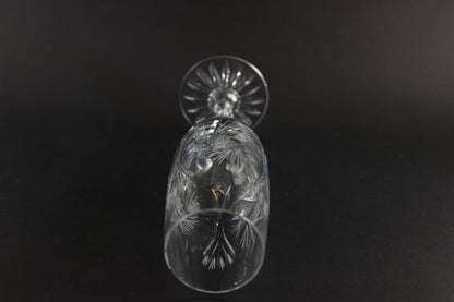 Two crystal champagne flutes with cut pinwheel design on a black background