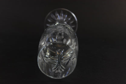 Two crystal champagne flutes with cut pinwheel design on a black background