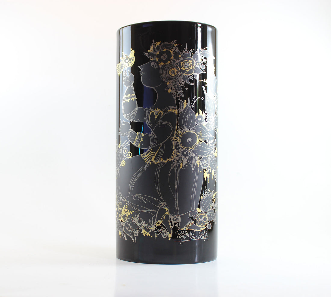 Rosenthal , Bjorn Wiinblad, Black Porcelain Glossy Vase, with Gold drawing of woman, flowers and birds