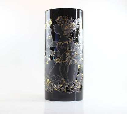 Rosenthal , Bjorn Wiinblad, Black Porcelain Glossy Vase, with Gold drawing of woman, flowers and birds