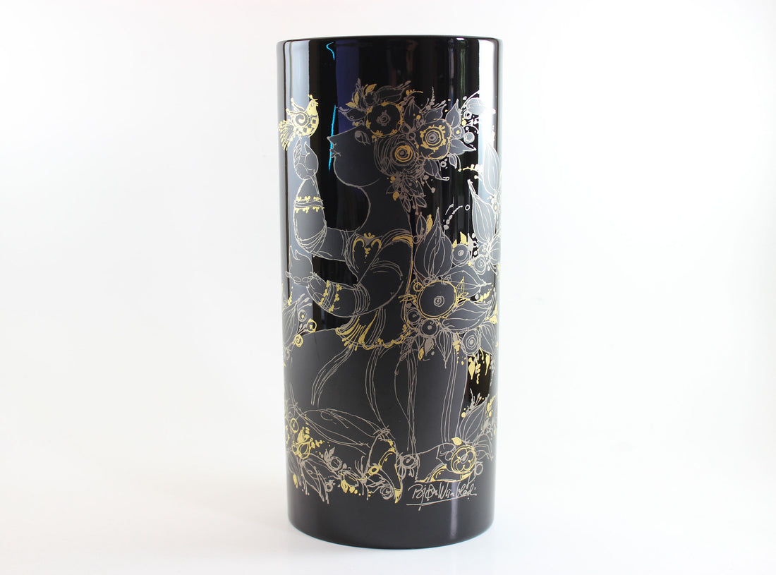 Rosenthal , Bjorn Wiinblad, Black Porcelain Glossy Vase, with Gold drawing of woman, flowers and birds