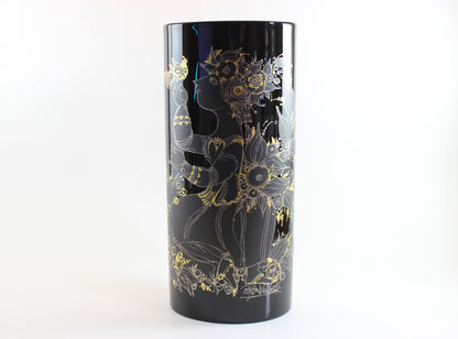 Rosenthal , Bjorn Wiinblad, Black Porcelain Glossy Vase, with Gold drawing of woman, flowers and birds