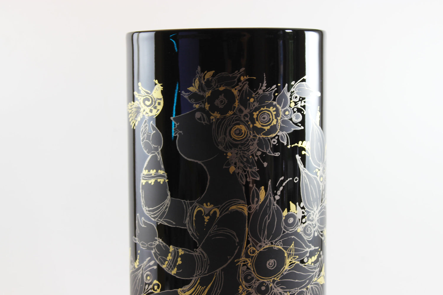 Rosenthal , Bjorn Wiinblad, Black Porcelain Glossy Vase, with Gold drawing of woman, flowers and birds
