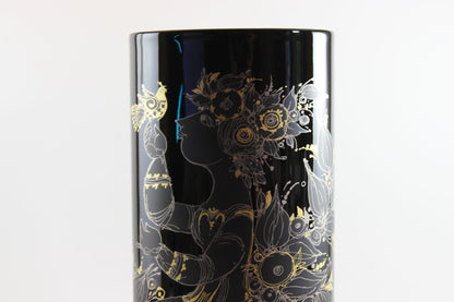 Rosenthal , Bjorn Wiinblad, Black Porcelain Glossy Vase, with Gold drawing of woman, flowers and birds