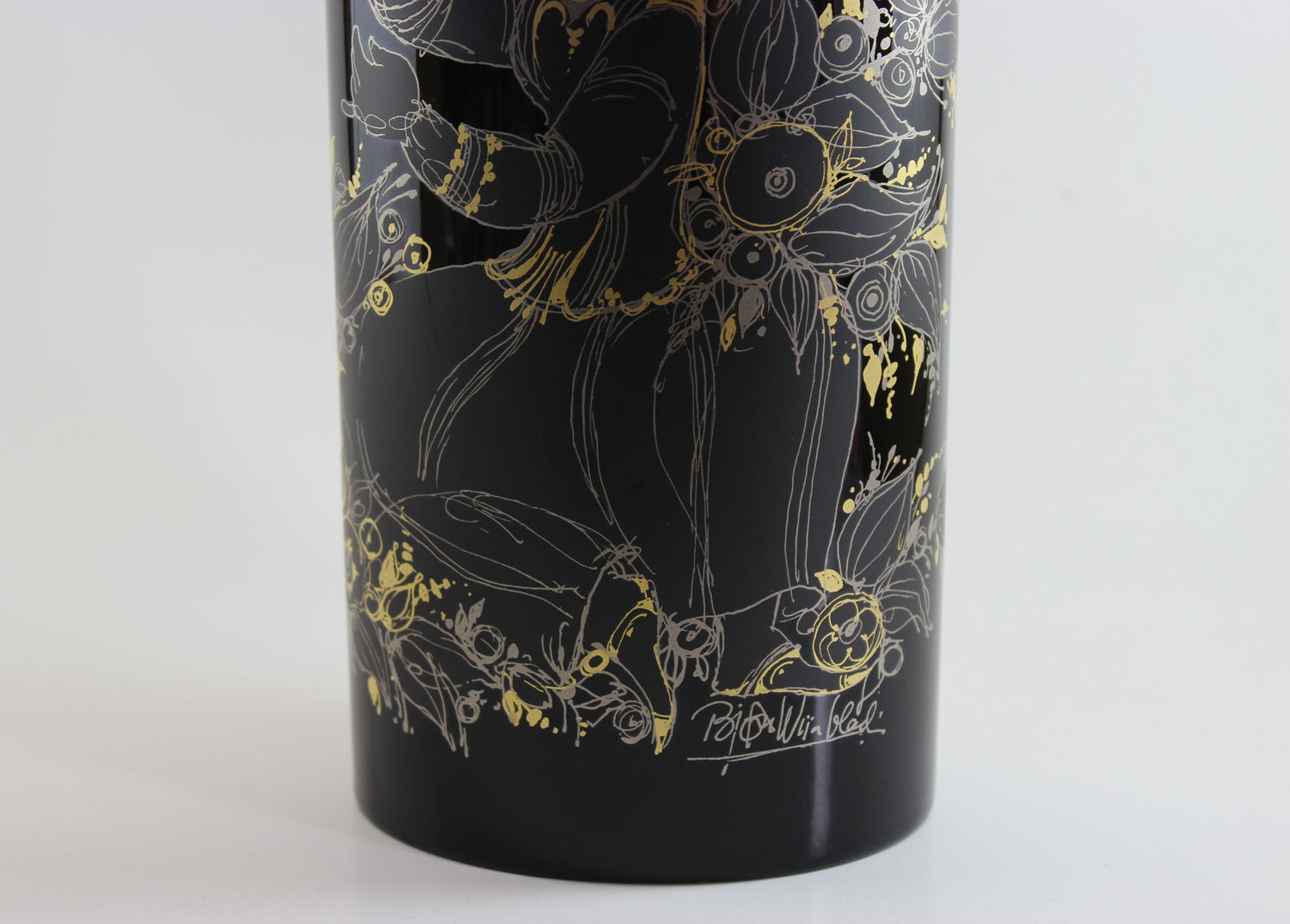 Rosenthal , Bjorn Wiinblad, Black Porcelain Glossy Vase, with Gold drawing of woman, flowers and birds