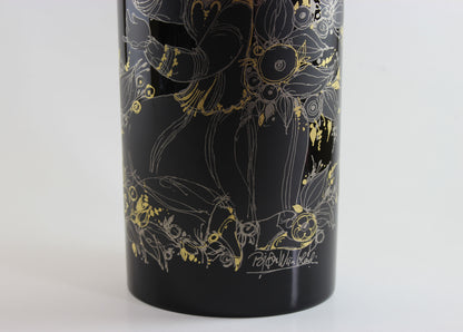 Rosenthal , Bjorn Wiinblad, Black Porcelain Glossy Vase, with Gold drawing of woman, flowers and birds