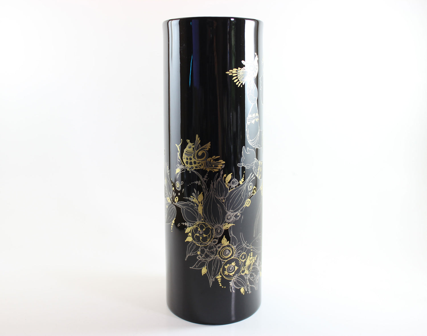 Rosenthal , Bjorn Wiinblad, Black Porcelain Glossy Vase, with Gold drawing of woman, flowers and birds