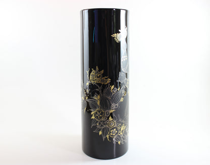 Rosenthal , Bjorn Wiinblad, Black Porcelain Glossy Vase, with Gold drawing of woman, flowers and birds