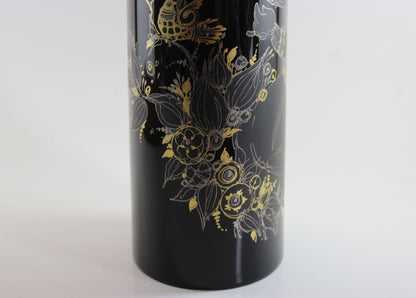 Rosenthal , Bjorn Wiinblad, Black Porcelain Glossy Vase, with Gold drawing of woman, flowers and birds