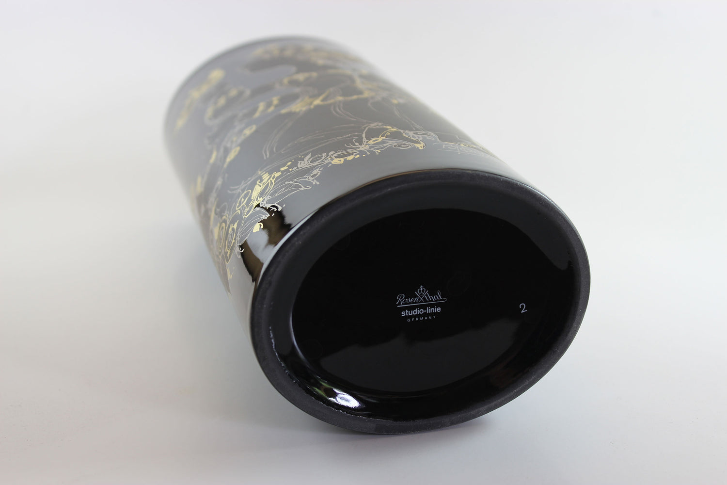 Rosenthal , Bjorn Wiinblad, Black Porcelain Glossy Vase, with Gold drawing of woman, flowers and birds