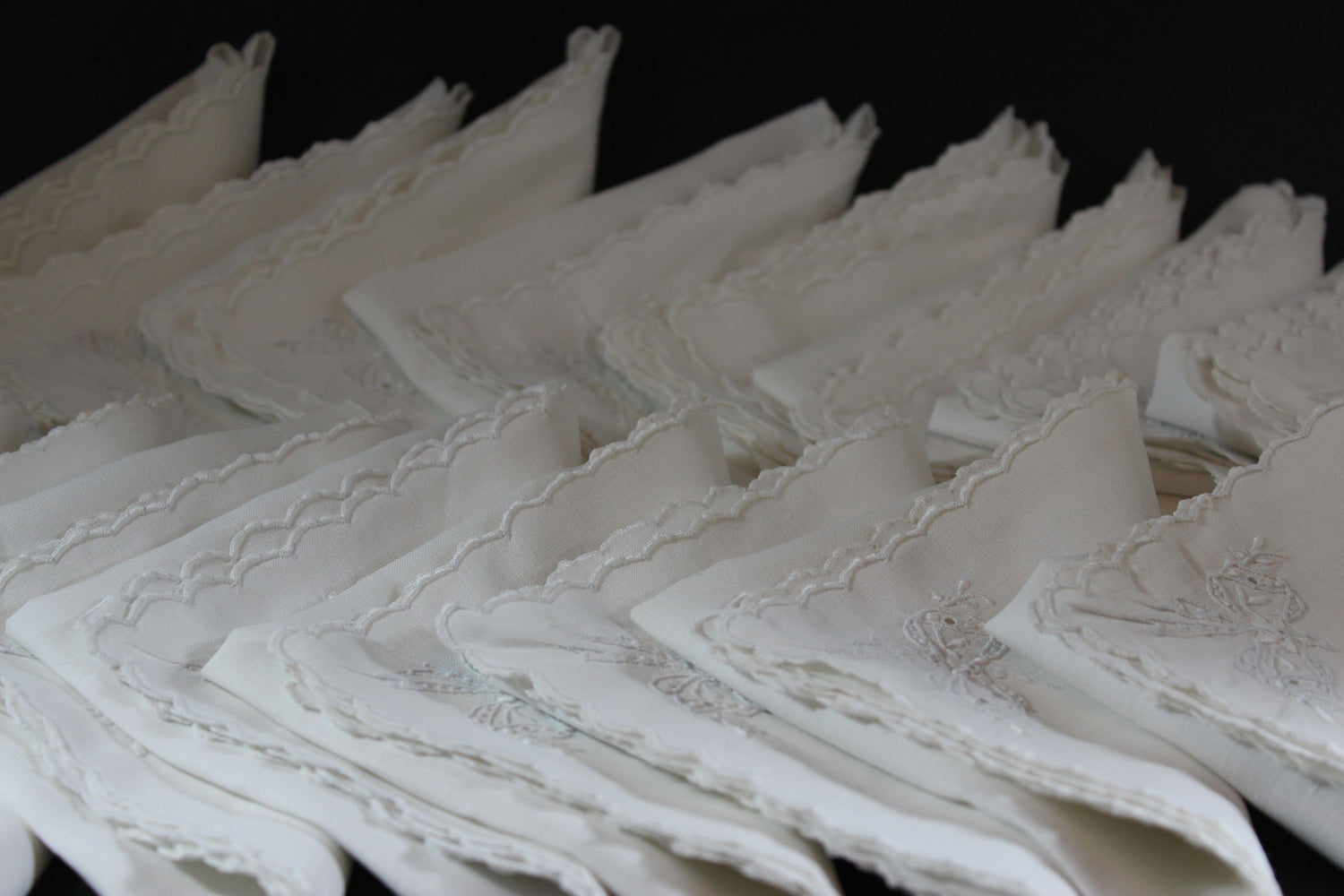 Scalloped Edge, Linen Luncheon or Tea Napkins with White Work Embroidery_1