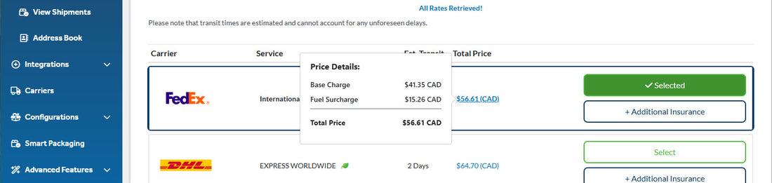 Additional Shipping Charges to Dublin Order No. 1720