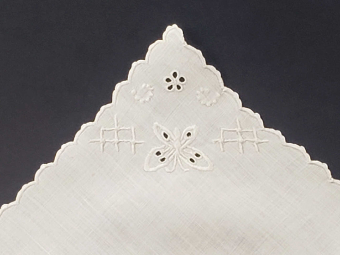 Small White Linen Butterfly Embroidered Handkerchief