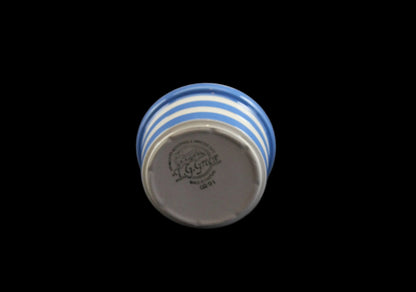 Ceramic bowl with blue and white stripes on a dark background