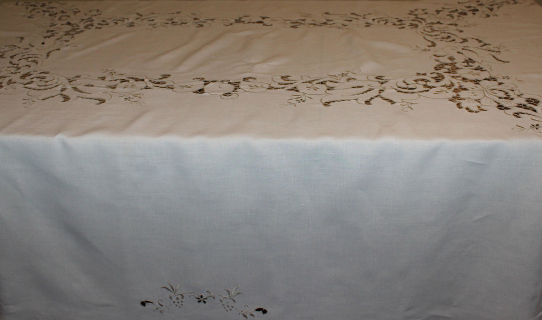 Vintage Ecru Cut Work &amp; Embroidered Linen Tablecloth
