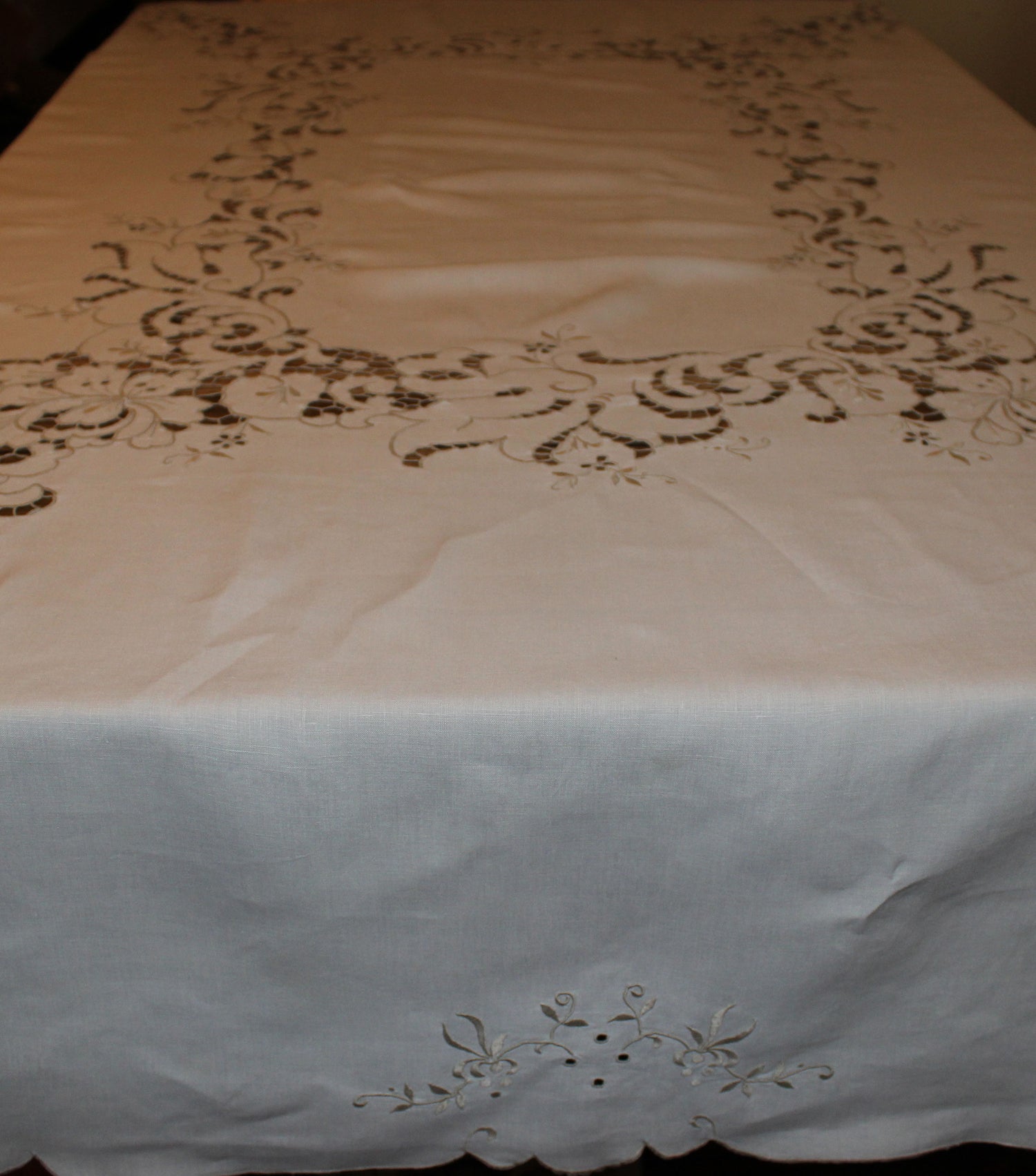 Vintage Ecru Cut Work &amp; Embroidered Linen Tablecloth