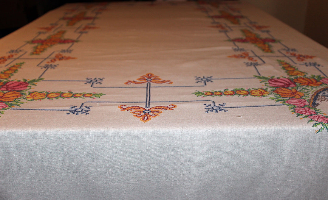 Vintage Cross Stitched Embroidered Linen Tablecloth