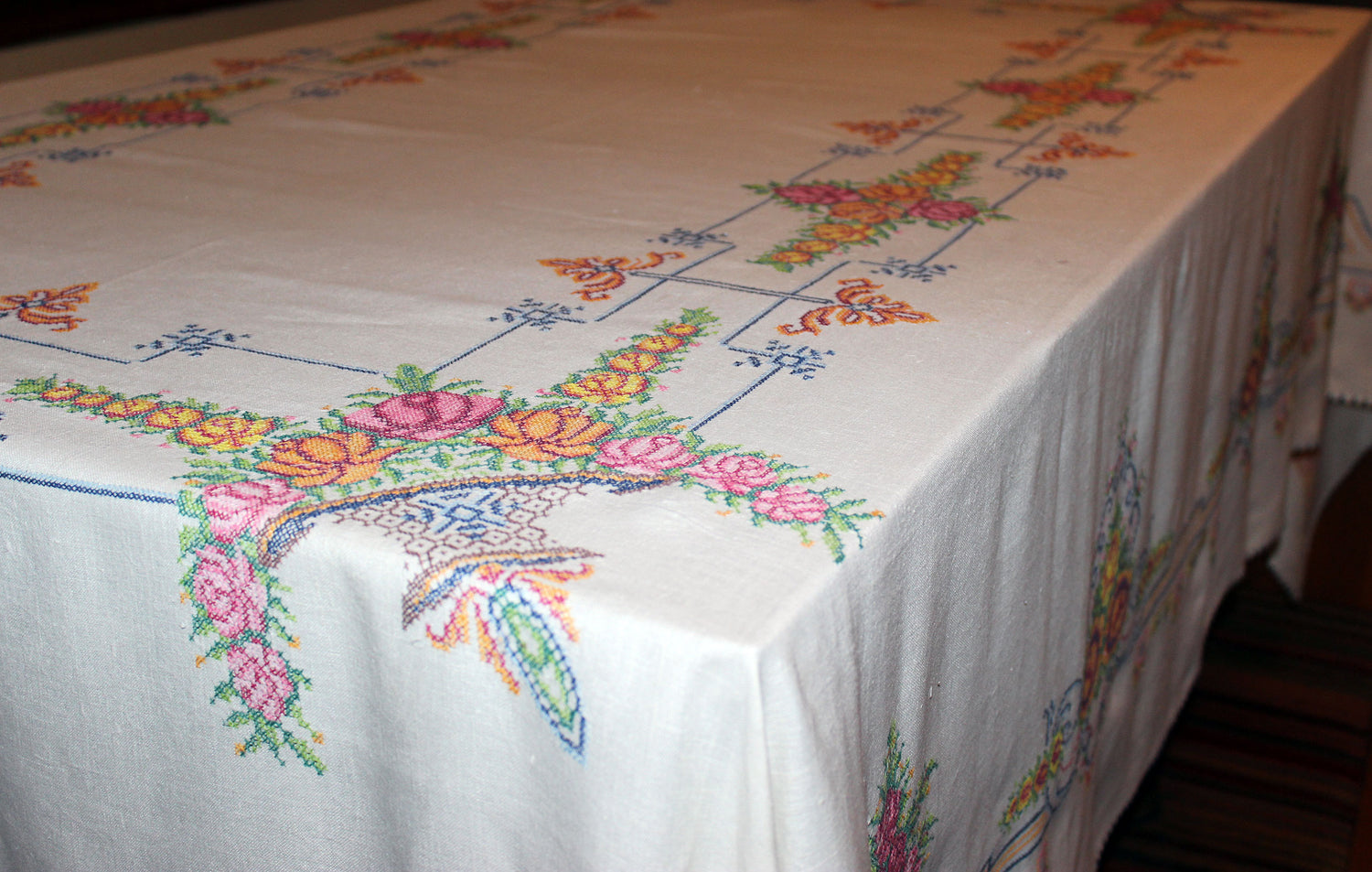 Vintage Cross Stitched Embroidered Linen Tablecloth