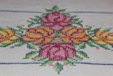 Vintage Cross Stitched Embroidered Linen Tablecloth