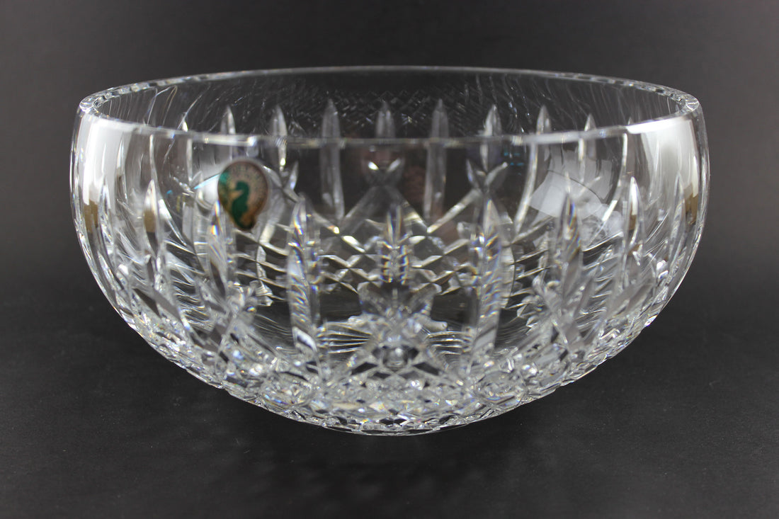 Waterford cut crystal bowl with intricate designs on a black background