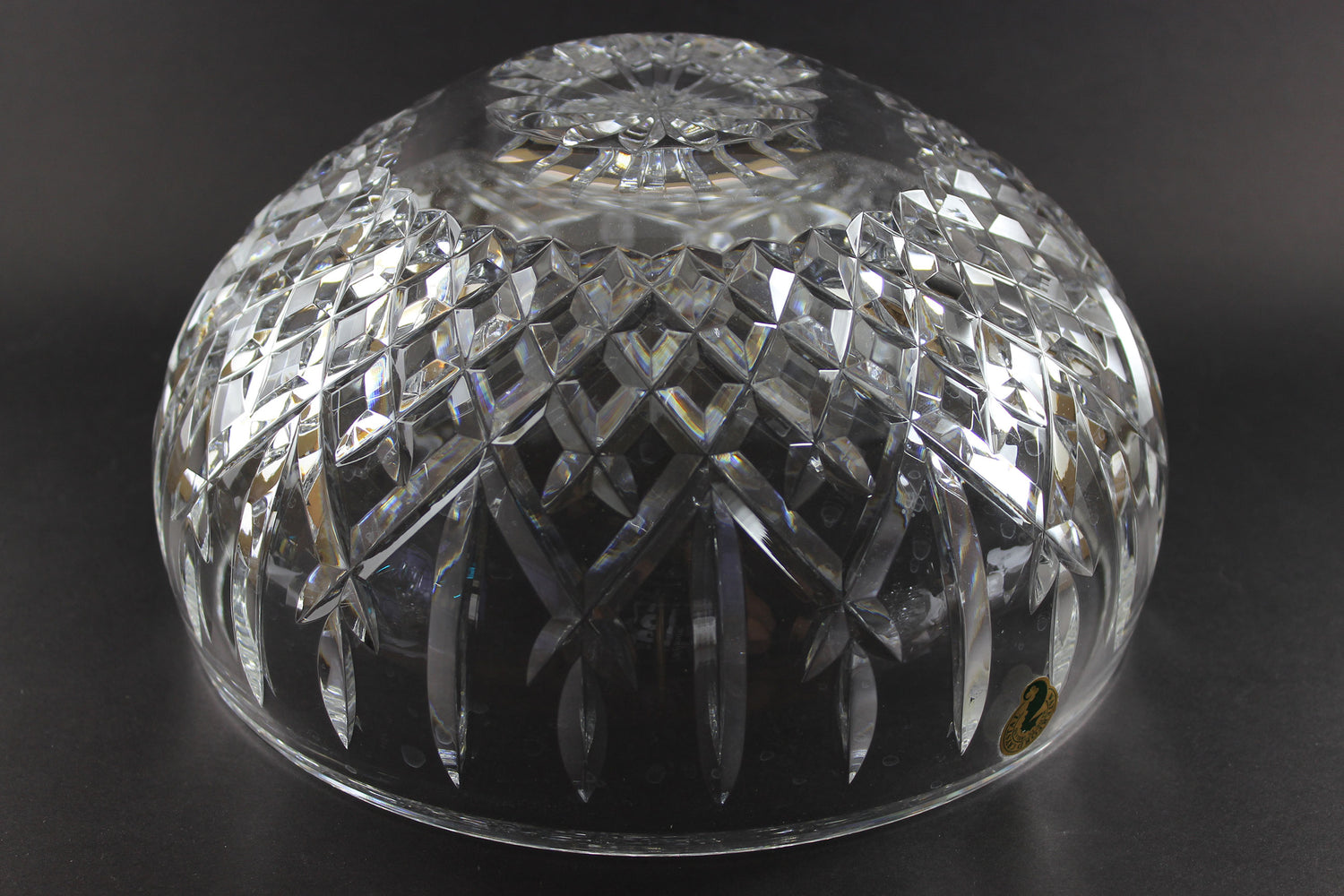 Waterford cut crystal bowl with intricate designs on a black background