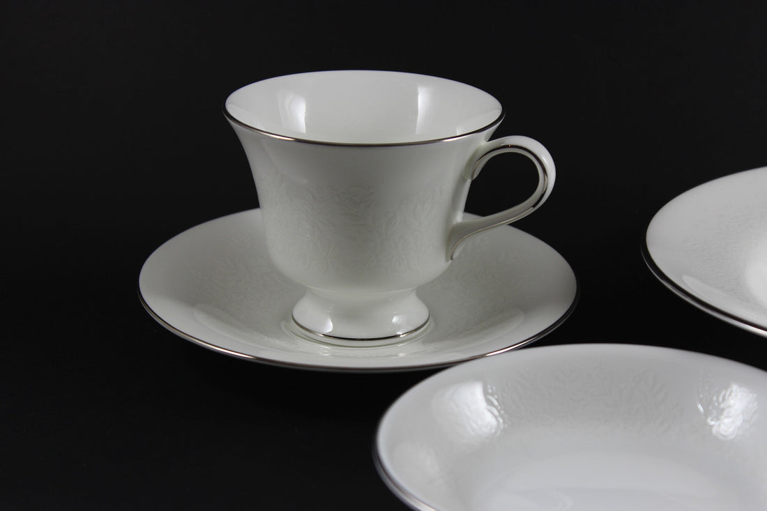 Wedgwood Silver Ermine Bone China,  Footed Teacup and Saucer