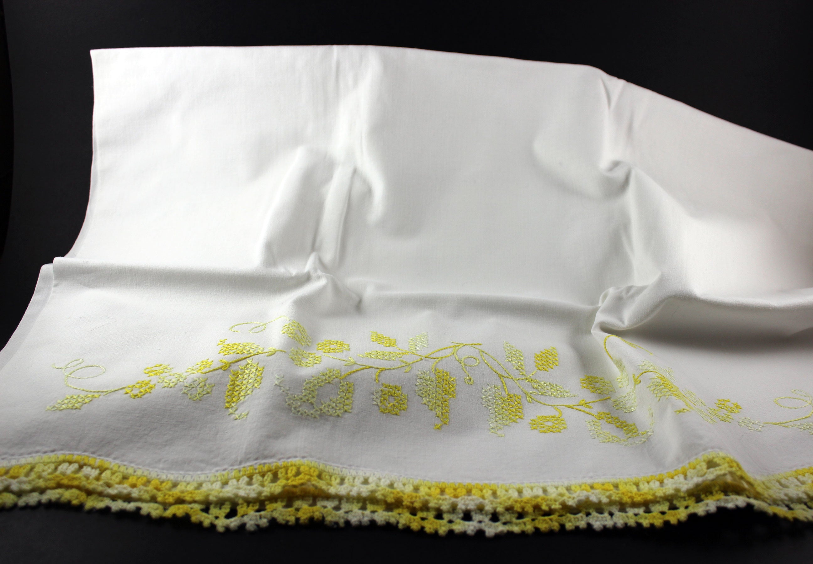 Yellow Cross Stitched and Crochet Edged Pillowcases