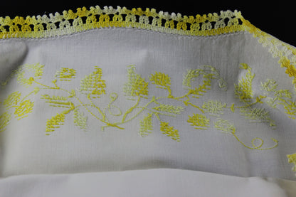 Yellow Cross Stitched and Crochet Edged Pillowcases
