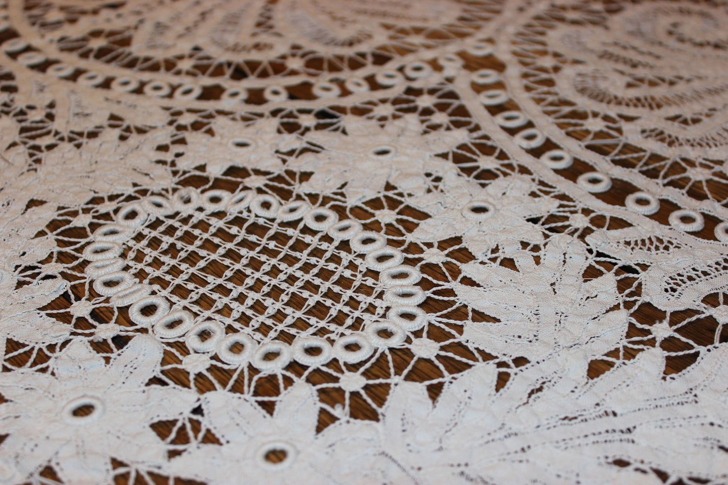 Close-up of intricate lace fabric with a floral pattern.