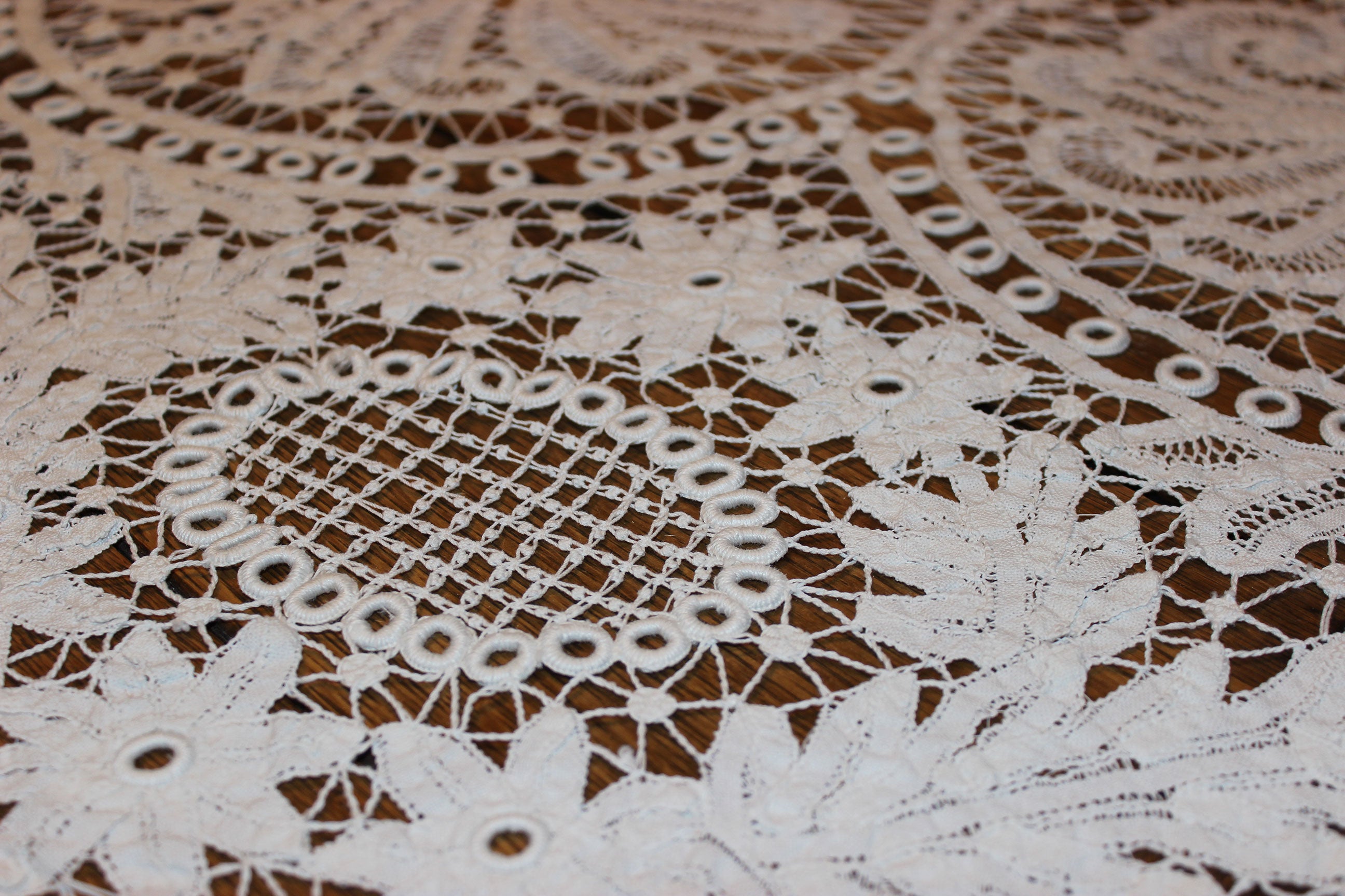 Close-up of intricate lace fabric with a floral pattern.
